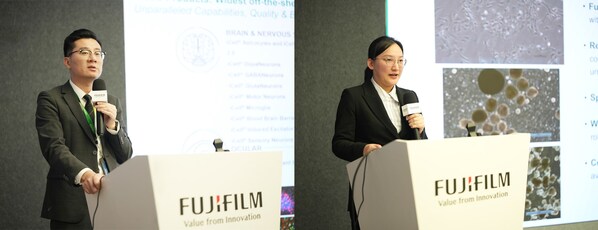 富士膠片（中國）生命科學(xué)事業(yè)部  銷售與技術(shù)支持負(fù)責(zé)人張鵬（左）與應(yīng)用科學(xué)家范琪（右）進(jìn)行分享