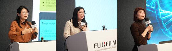 從左至右：上海睿智醫(yī)藥研究集團(tuán)有限公司資深研究員陳露嵐、中國科學(xué)院上海藥物研究所離子通道研究平臺(tái)高級工程師方遂及上海昂樸生物科技有限公司iPSC部門高級總監(jiān)潘微微交流分享專題